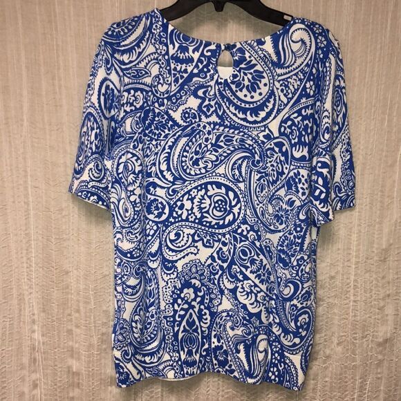 Talbots SP Knit White Blue Paisley Short Sleeve Knit Pullover Sweater Top - Picture 2 of 13